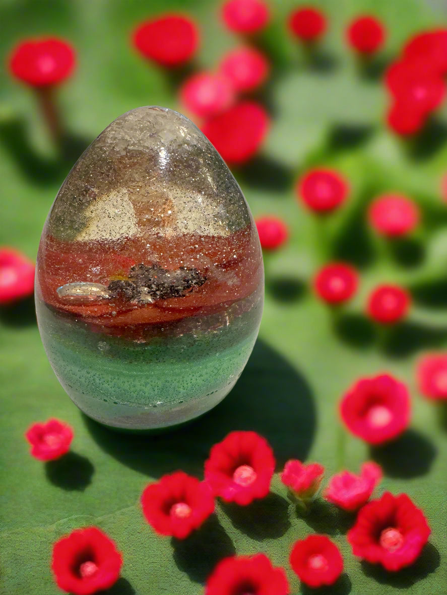 Medium Orgonite Rebirth Egg with Poppy and Copper-Wrapped Quartz Point