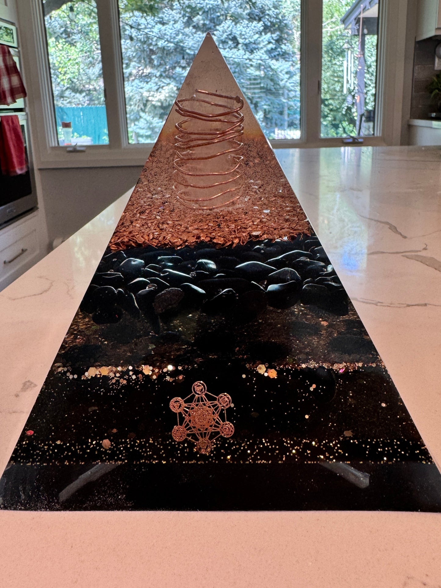 XL Black & Gold Protective Orgonite Pyramid with large Quartz