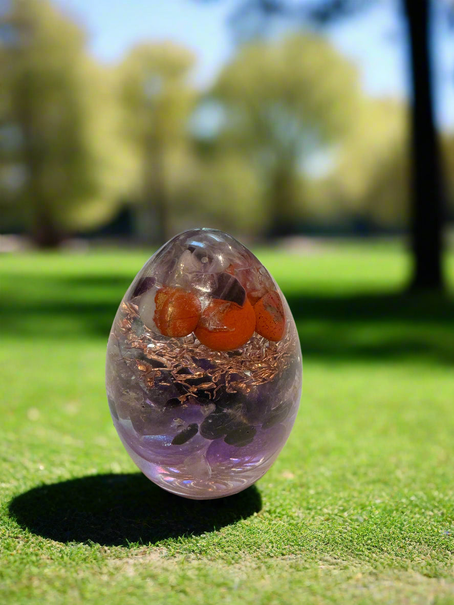 Medium Orgonite Crown Chakra Egg with Amethyst, Carnelian, Black Tourmaline and Moonstone