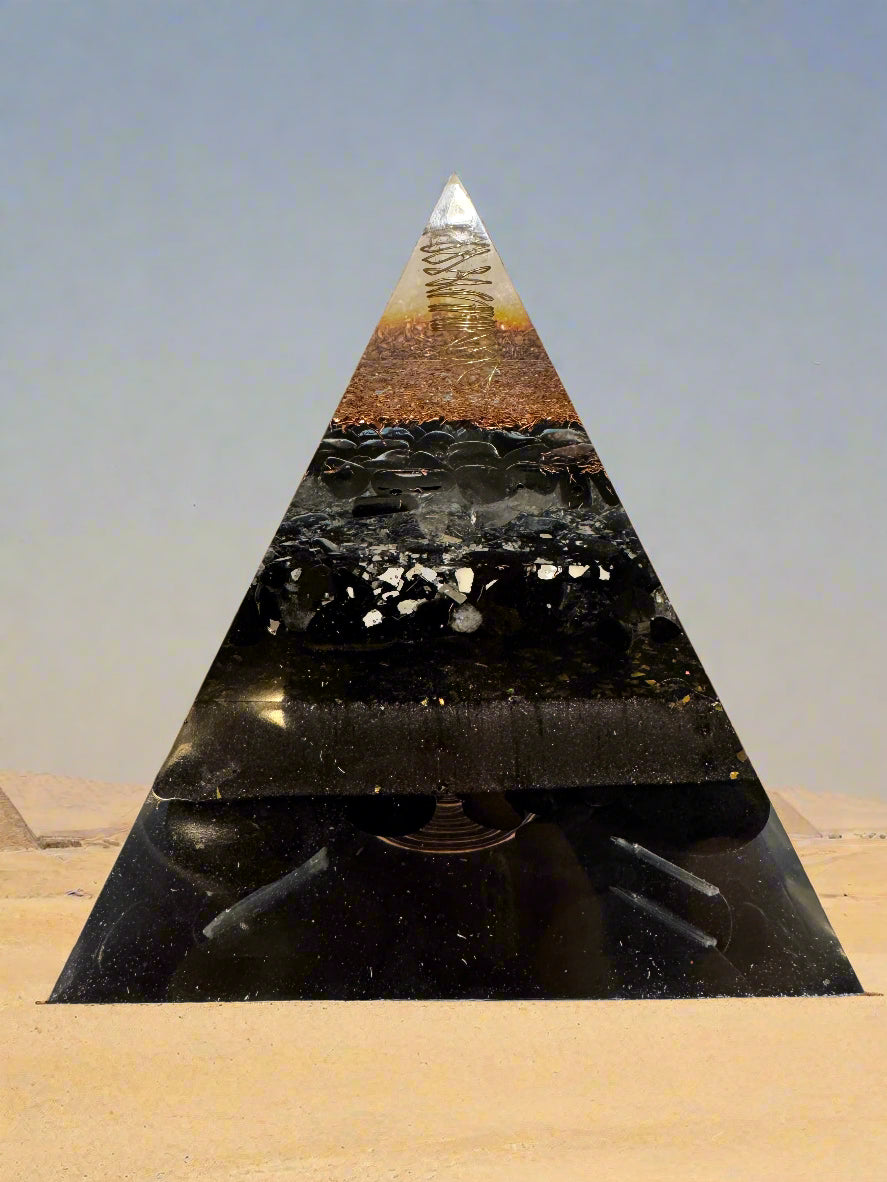 XL Black & Gold Protective Orgonite Pyramid with large Quartz