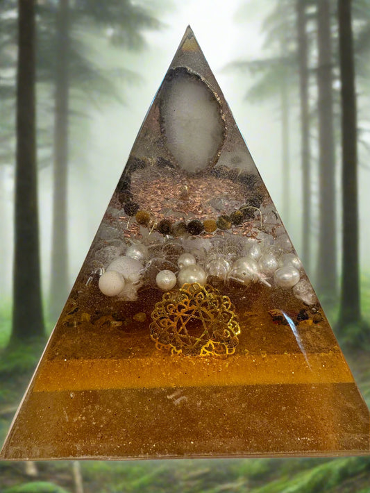 XL Golden Abundance Protection Orgonite Pyramid with Quartz Druzy and Tiger's Eye