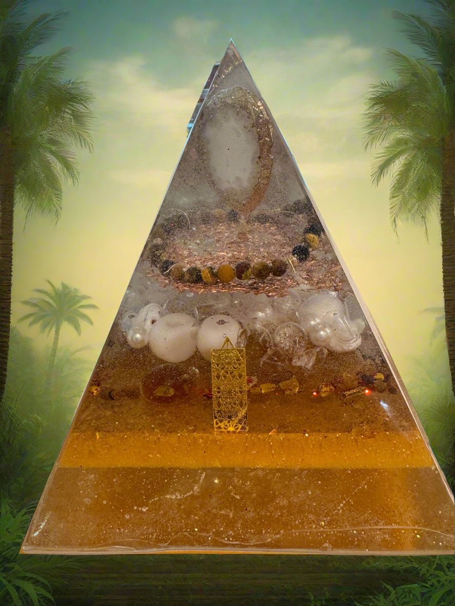 XL Golden Abundance Protection Orgonite Pyramid with Quartz Druzy and Tiger's Eye