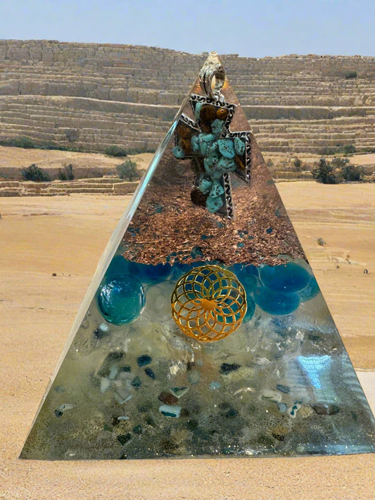 XL Turquoise Throat Chakra Orgonite Pyramid with Coptic Cross
