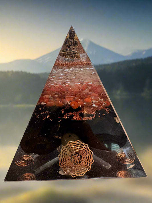 XL Black & Gold Buddha Protective Orgonite Pyramid with Labradorite