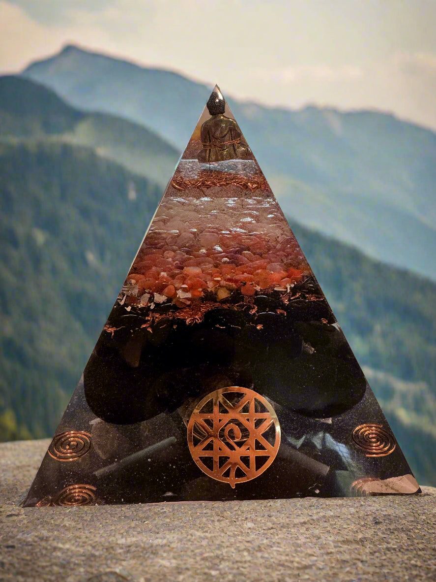 XL Black & Gold Buddha Protective Orgonite Pyramid with Labradorite