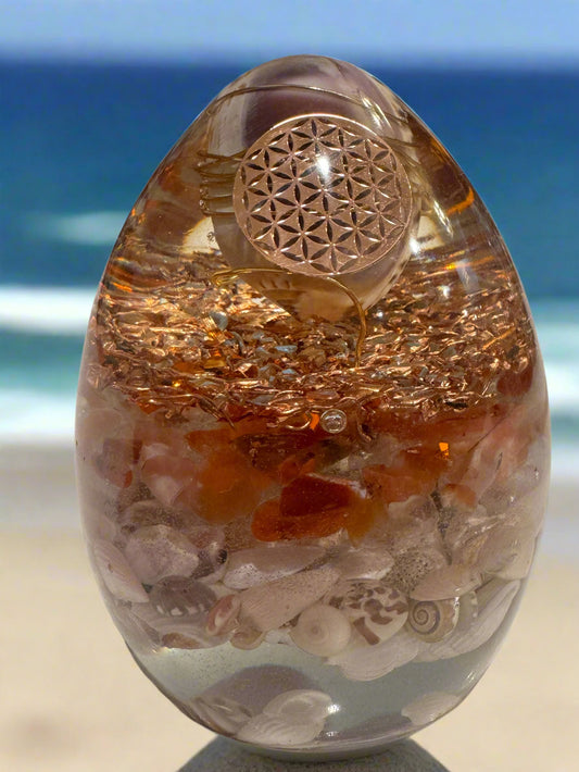 Large Orgonite Abundance Egg with Citrine, Carnelian, Seashells and Cowry Shell