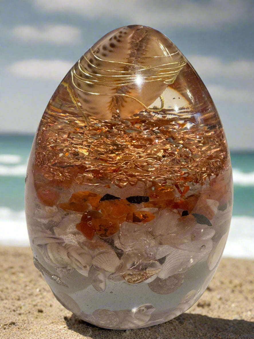 Large Orgonite Abundance Egg with Citrine, Carnelian, Seashells and Cowry Shell