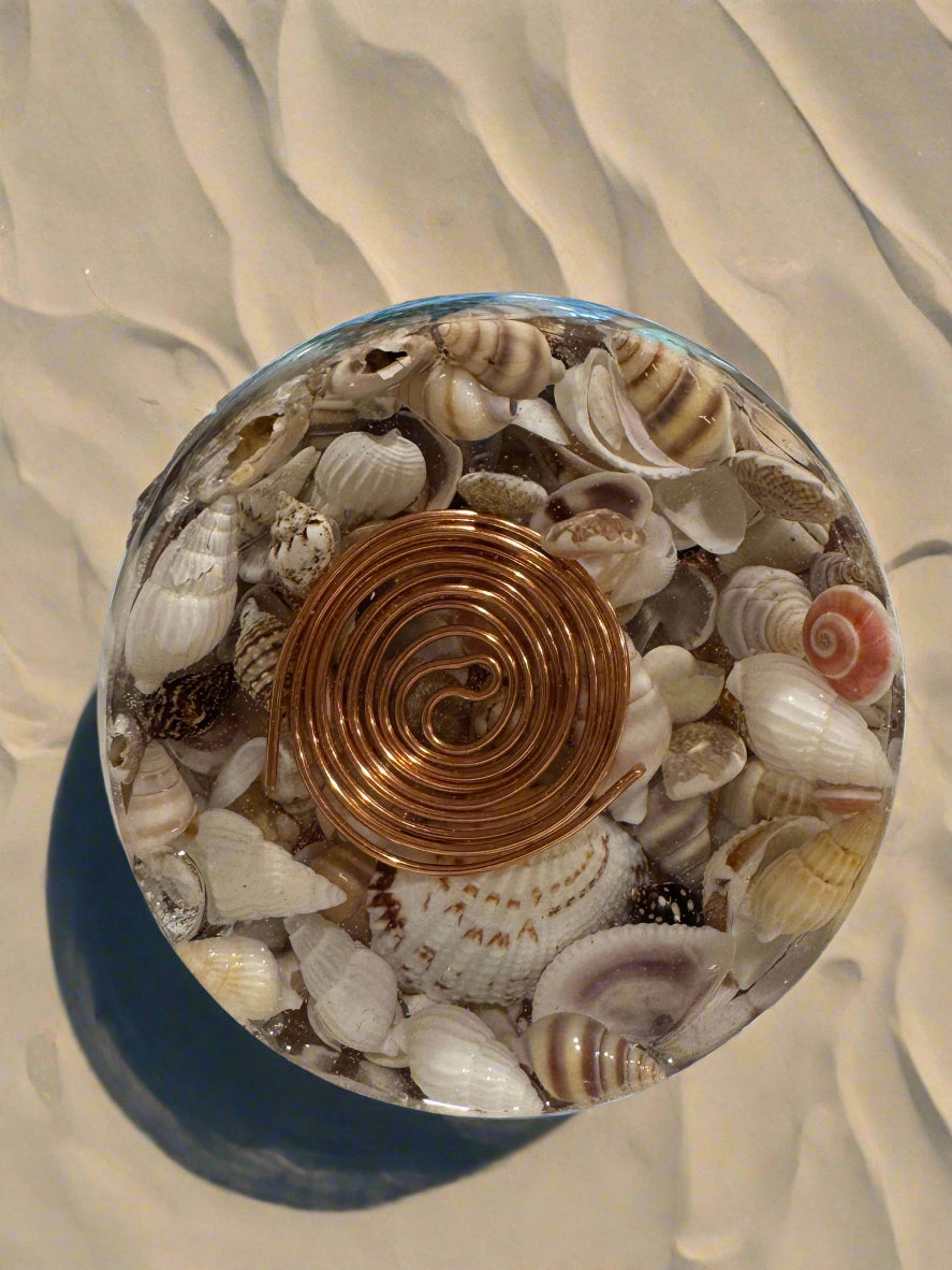 Large Orgonite Abundance Egg with Citrine, Carnelian, Seashells and Cowry Shell