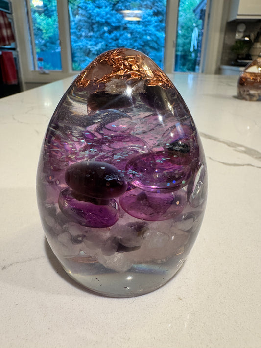 Large Orgonite Crown Chakra Egg with Amethyst, Lepidolite and Shungite