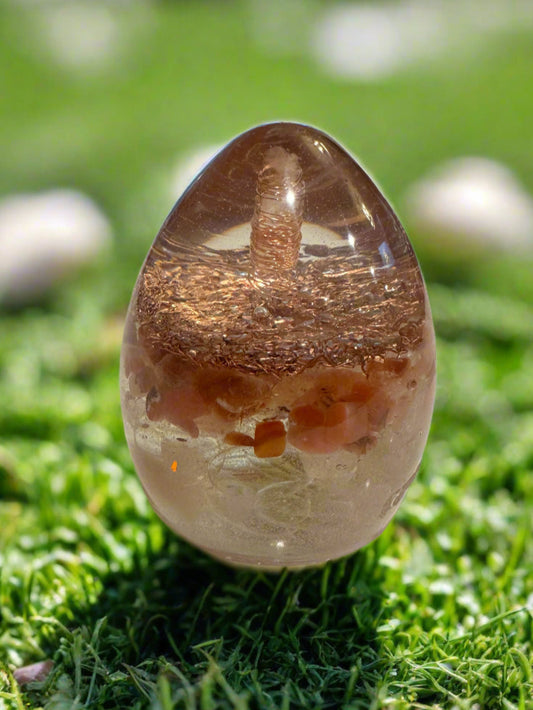 Large Orgonite Egg with Carnelian and Copper-Wrapped Quartz point