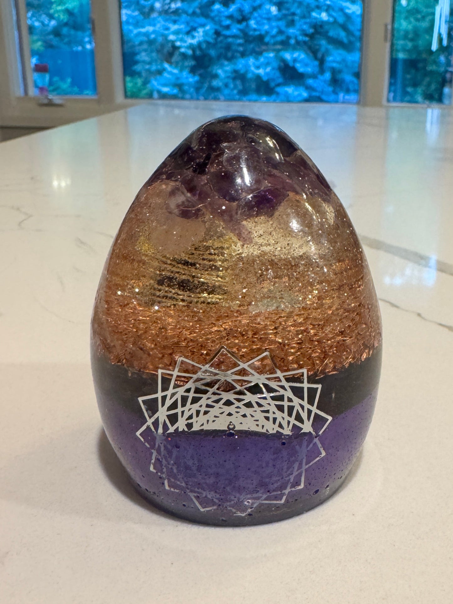Medium Orgonite Crown Chakra Egg with Amethyst and Gold-Wrapped point