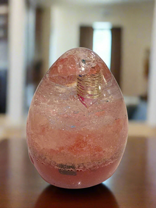 Medium Orgonite Divine Love Egg with Rose Quartz and Gold-Wrapped Point