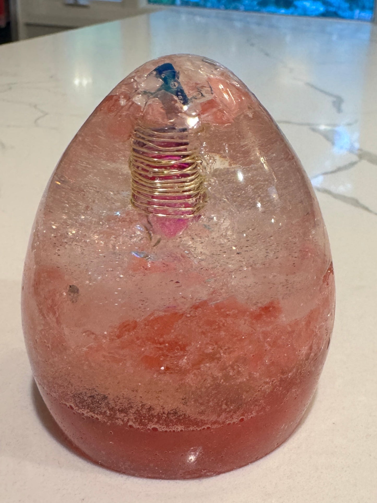 Medium Orgonite Divine Love Egg with Rose Quartz and Gold-Wrapped Point