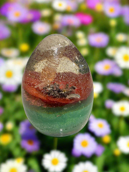 Medium Orgonite Rebirth Egg with Poppy and Copper-Wrapped Quartz Point