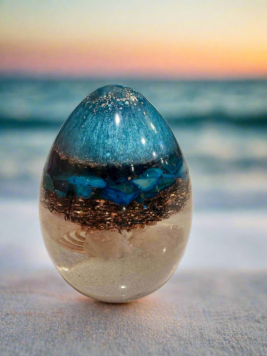 Medium Orgonite Throat Chakra-Balancing Egg with Moonstone and Abalone