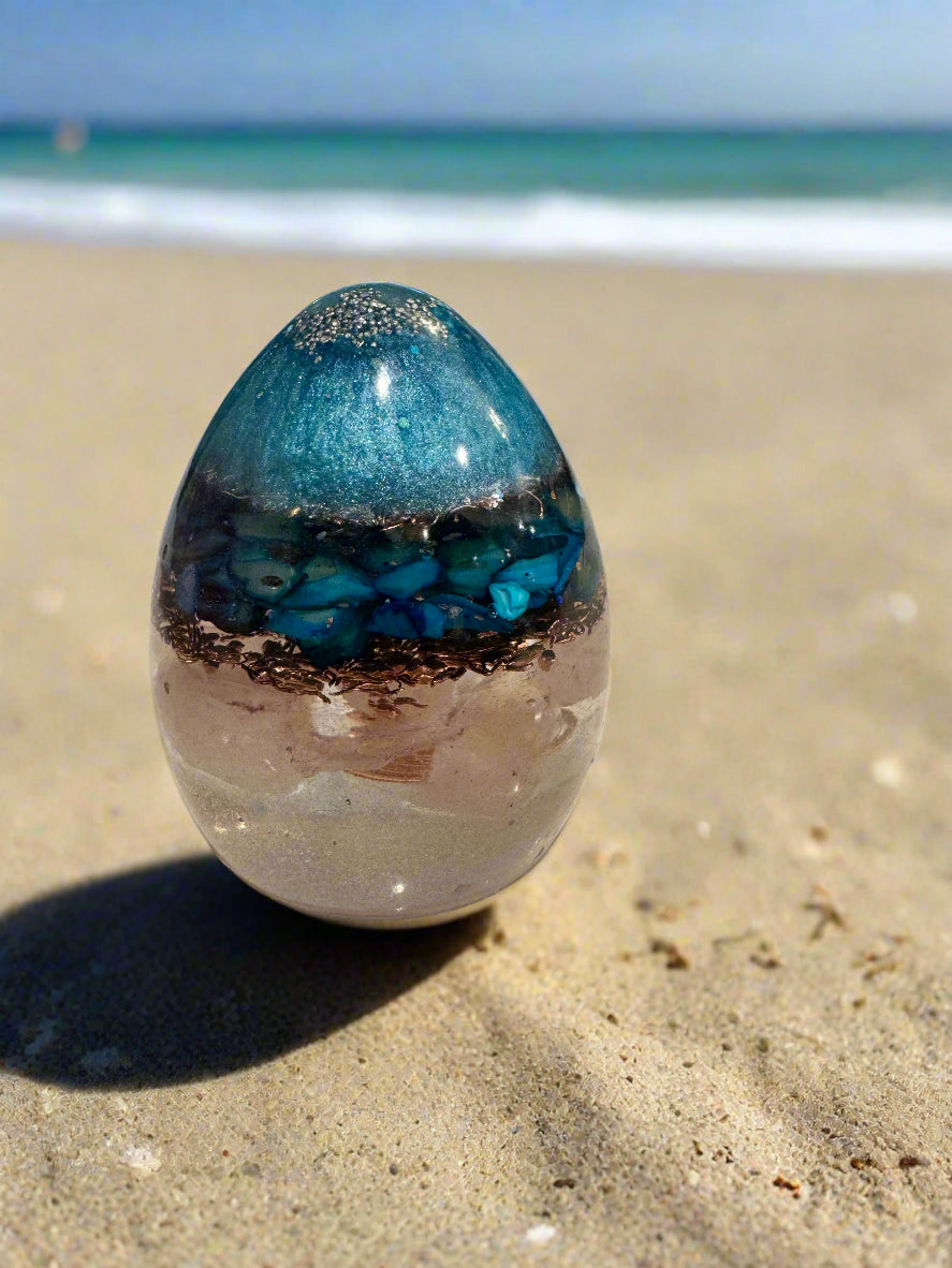 Medium Orgonite Throat Chakra-Balancing Egg with Moonstone and Abalone