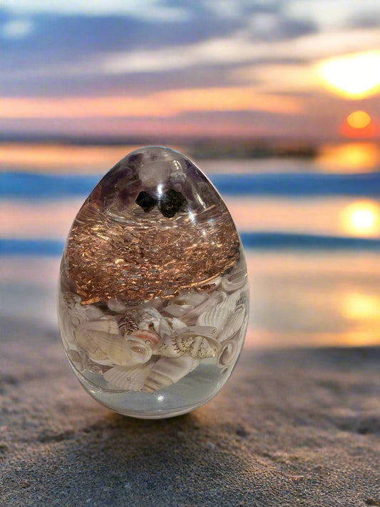 Medium Orgonite Crown Chakra-Balancing Egg with Amethyst and Seashells