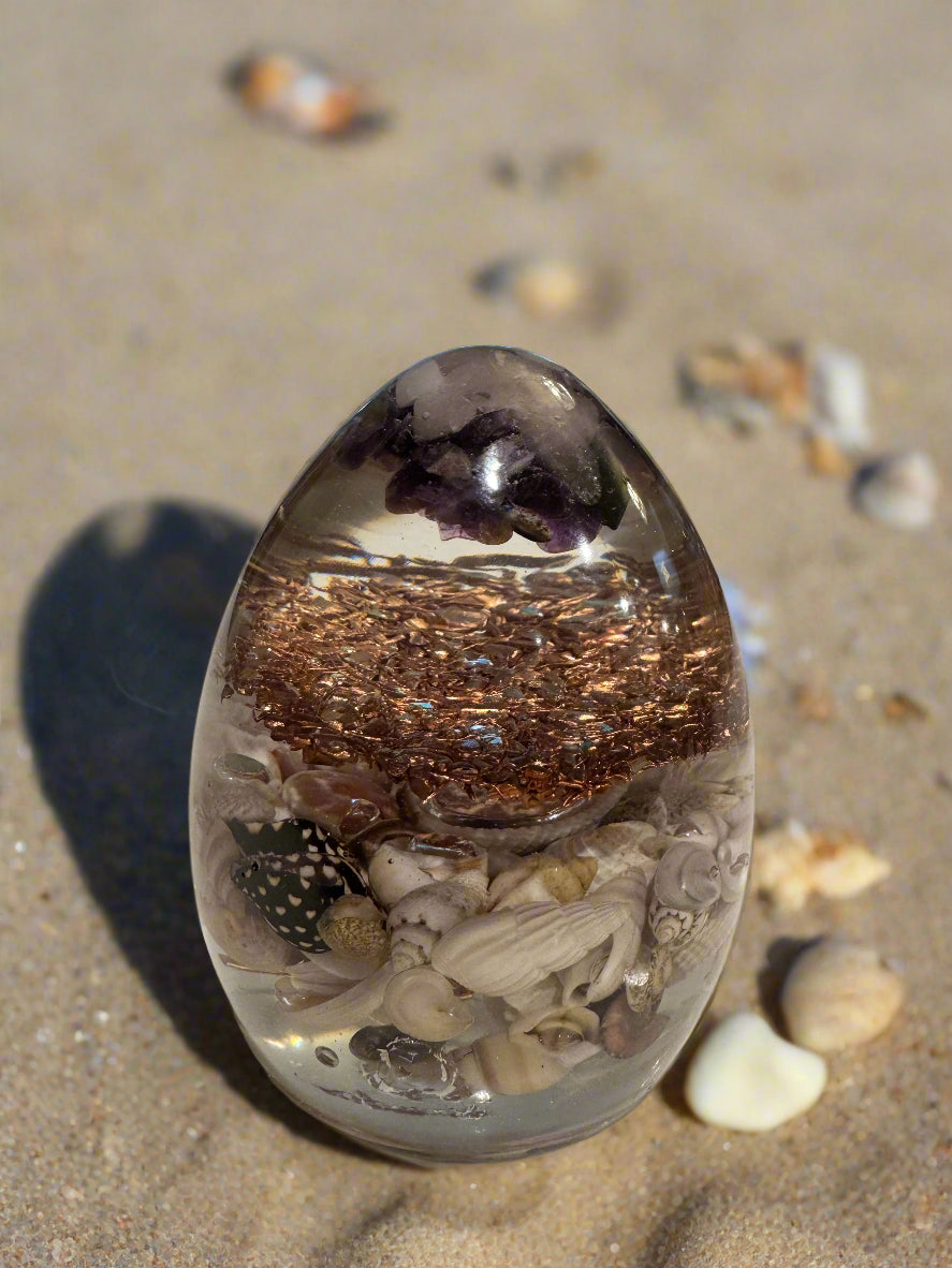 Medium Orgonite Crown Chakra-Balancing Egg with Amethyst and Seashells