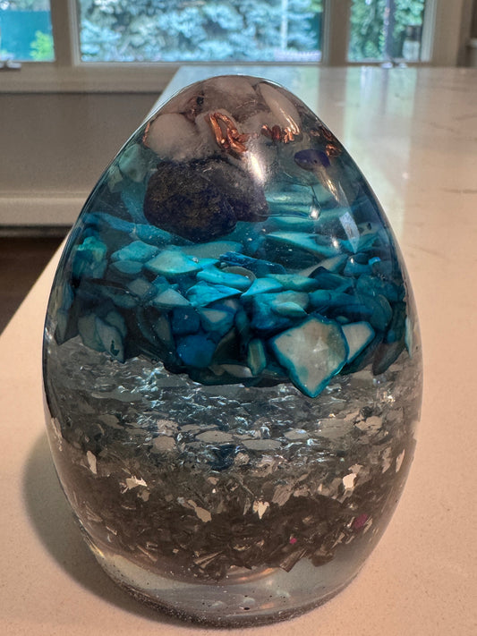 Large Orgonite Egg with Lapis Lazuli, Moonstone and Abalone Shell