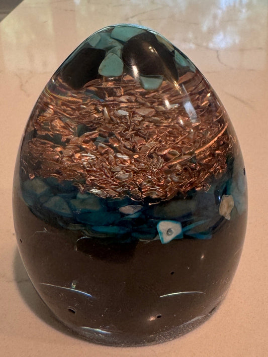 Medium Orgonite Protection Egg with Turquoise, Black Tourmaline and Abalone