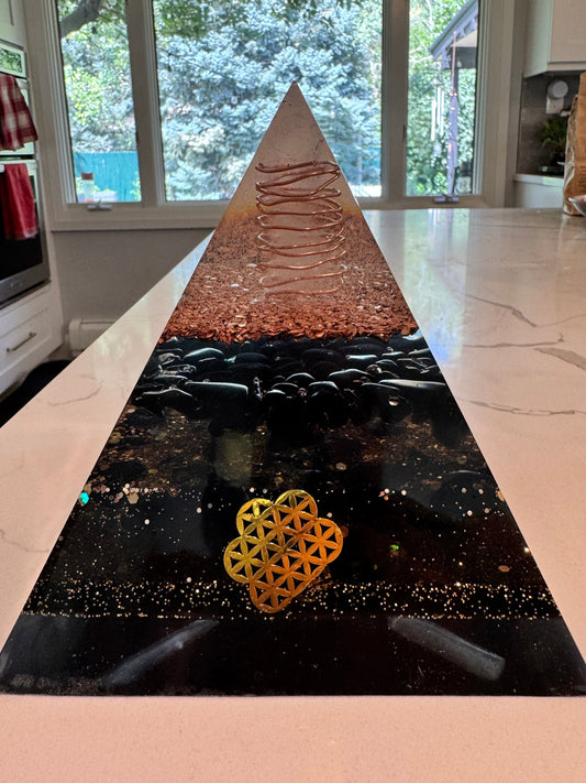 XL Black & Gold Protective Orgonite Pyramid with large Quartz