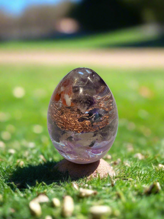Medium Orgonite Crown Chakra Egg with Amethyst, Carnelian, Black Tourmaline and Moonstone