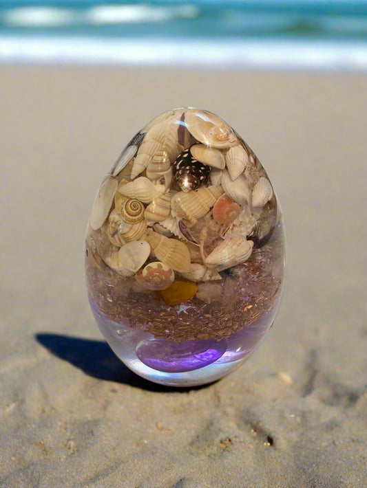 Large Orgonite Seashell Crown Chakra Egg with Amethyst, Tiger's Eye and Moonstone