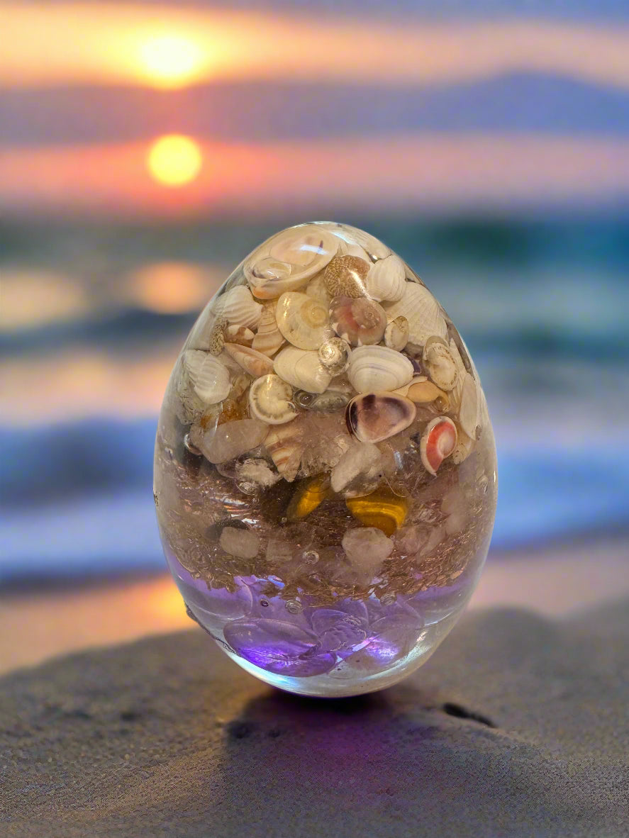Large Orgonite Seashell Crown Chakra Egg with Amethyst, Tiger's Eye and Moonstone