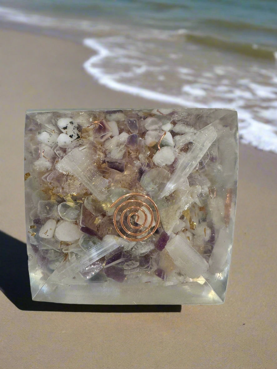 Large Orgonite Crown Chakra Pyramid with Fluorite