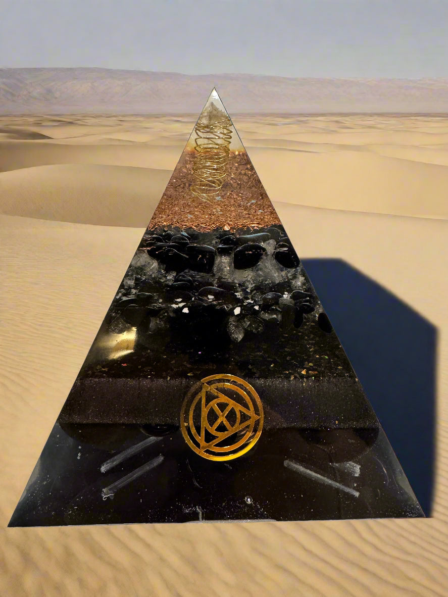 XL Black & Gold Protective Orgonite Pyramid with large Quartz