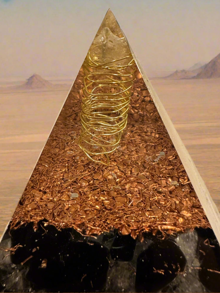 XL Black & Gold Protective Orgonite Pyramid with large Quartz