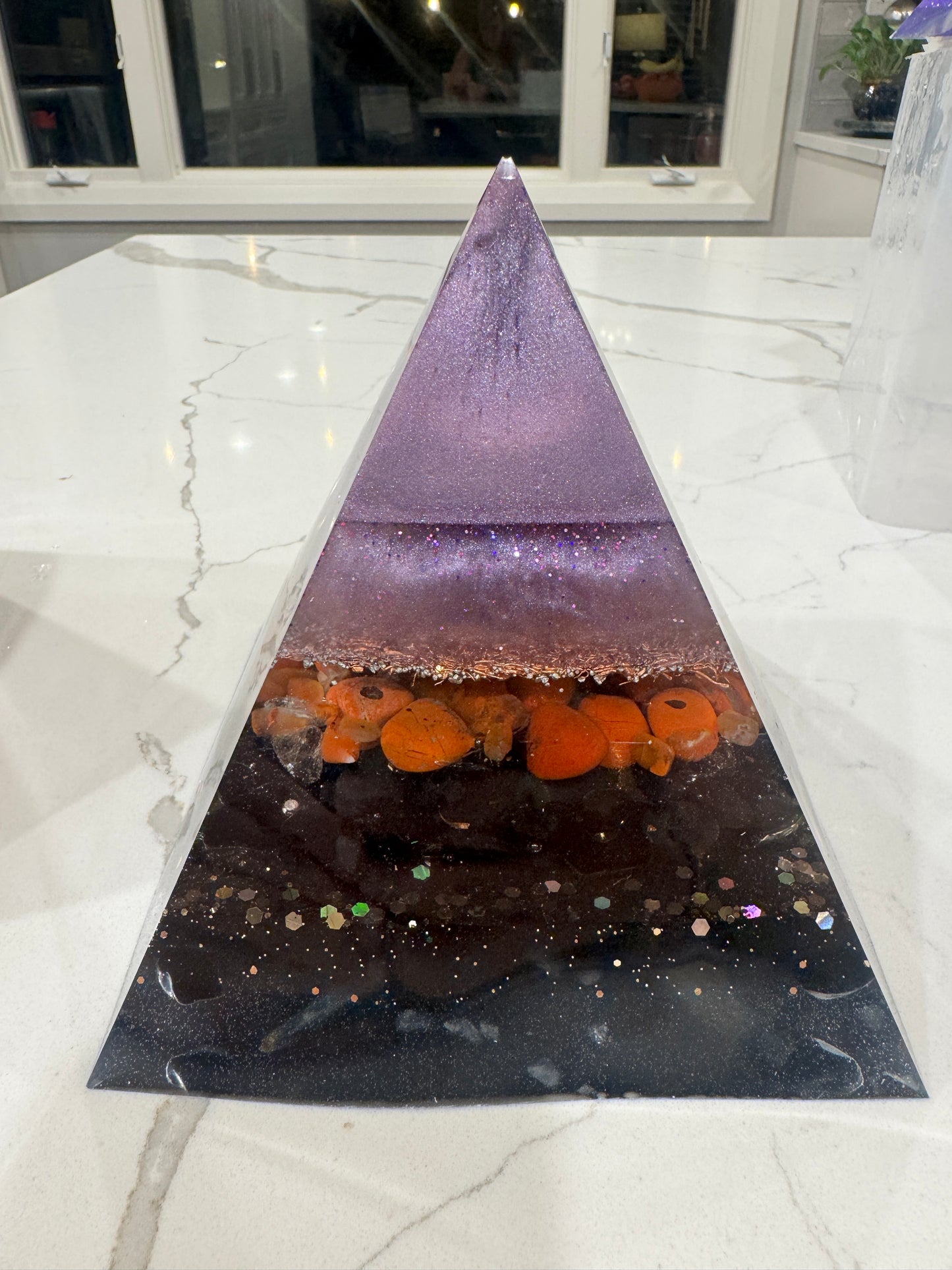 XL Protective Crown Chakra Orgonite Pyramid with Amethyst, Carnelian and Shungite