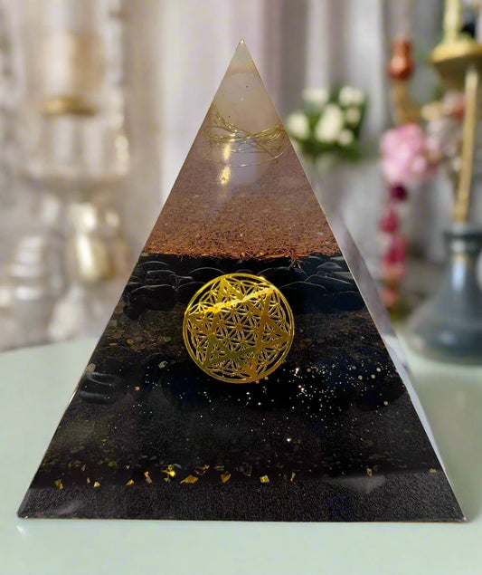 XL Black & Gold Protective Orgonite Pyramid with large Quartz