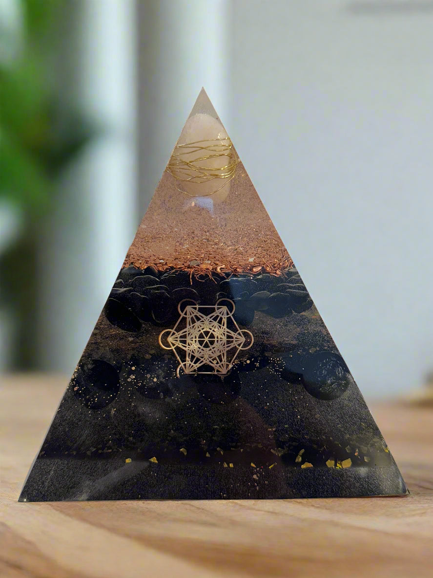 XL Black & Gold Protective Orgonite Pyramid with large Quartz