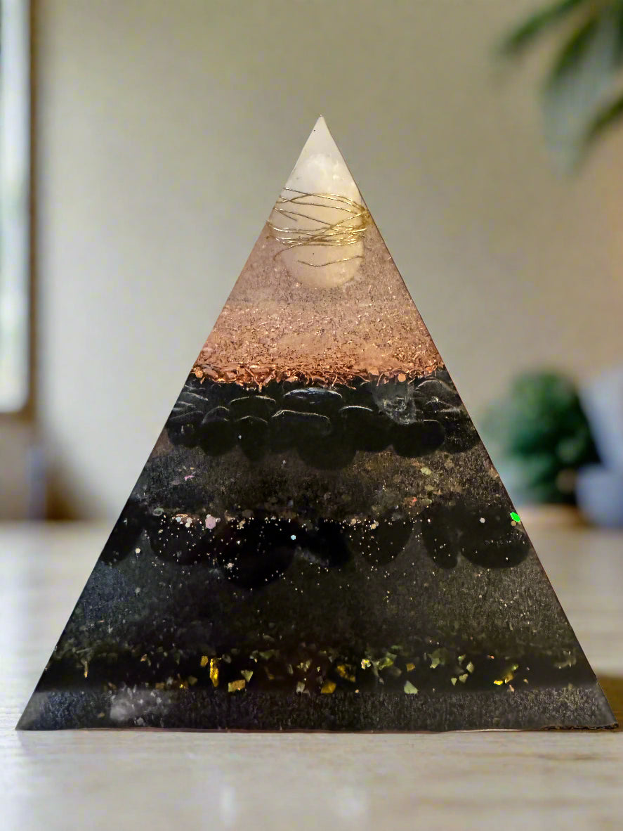 XL Black & Gold Protective Orgonite Pyramid with large Quartz