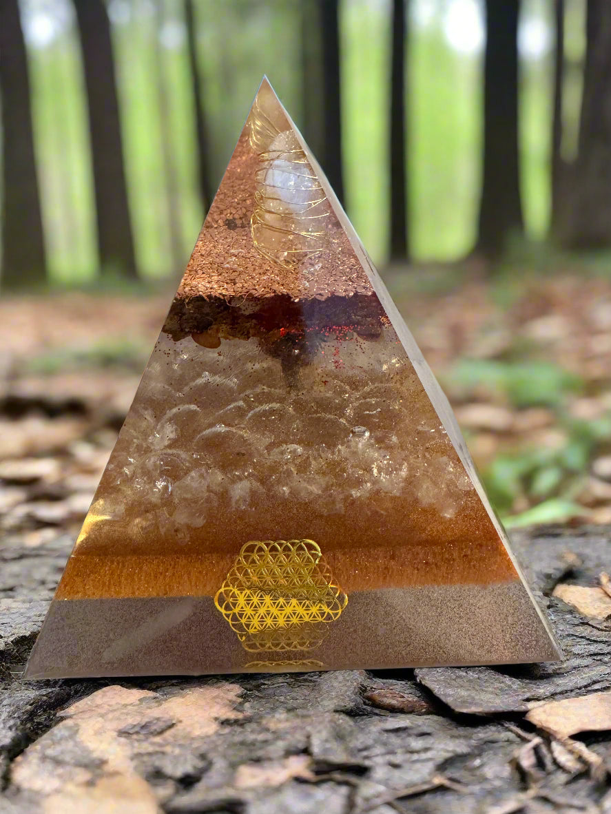 XL Golden Abundance Orgonite Pyramid with Amber