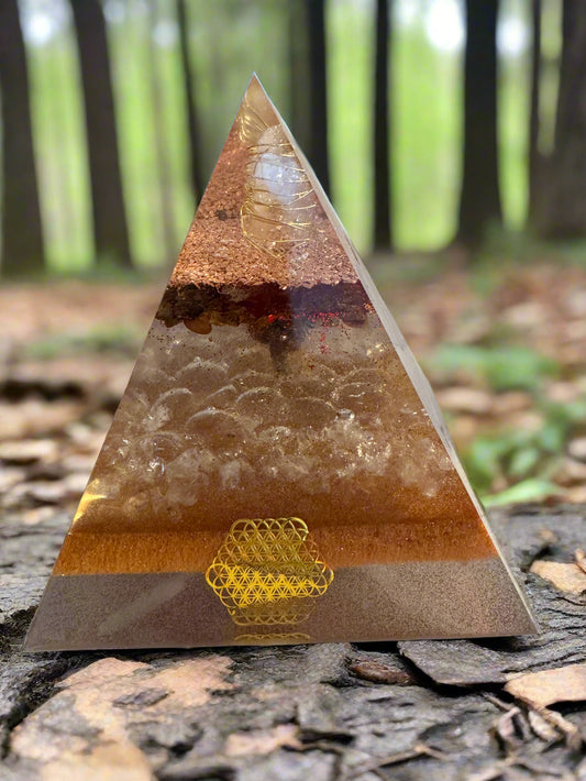 XL Golden Abundance Orgonite Pyramid with Amber