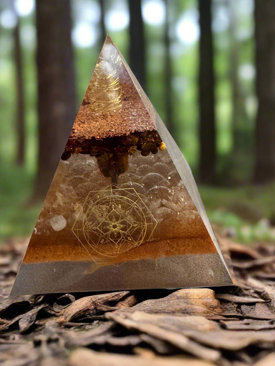 XL Golden Abundance Orgonite Pyramid with Amber