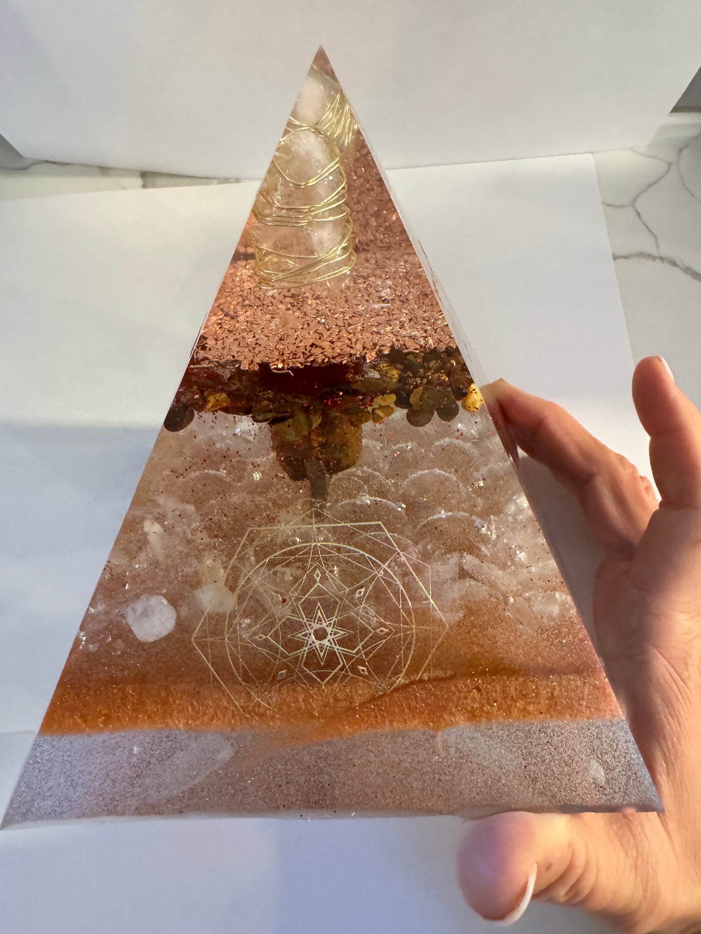 XL Golden Abundance Orgonite Pyramid with Amber