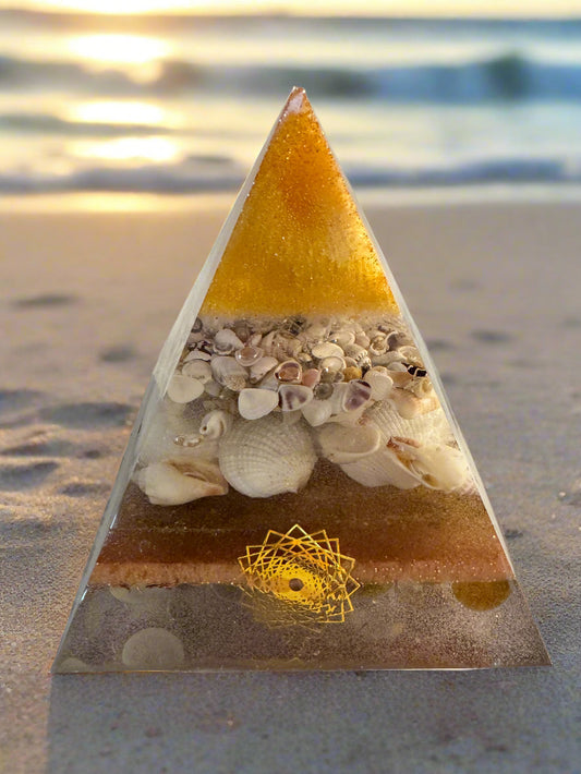 XL Golden Abundance Orgonite Pyramid with Seashells