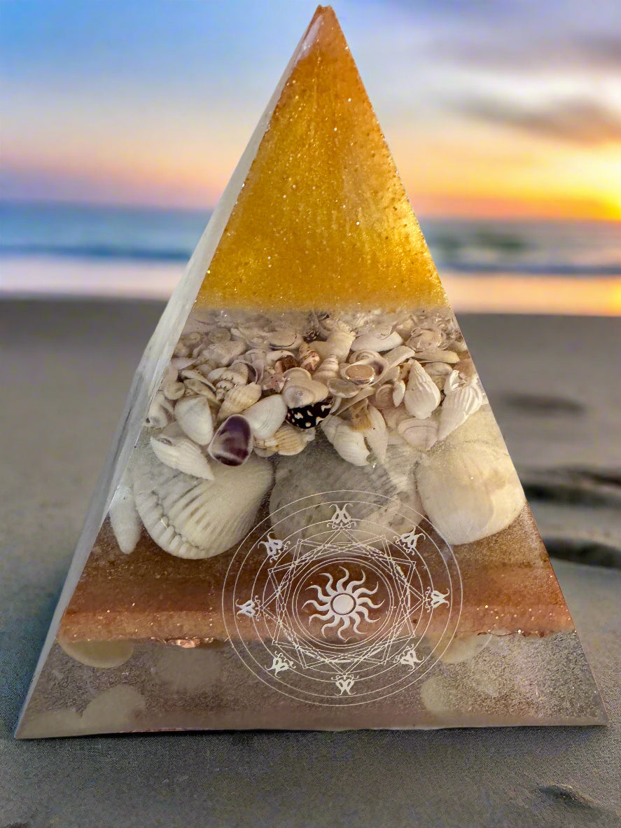 XL Golden Abundance Orgonite Pyramid with Seashells