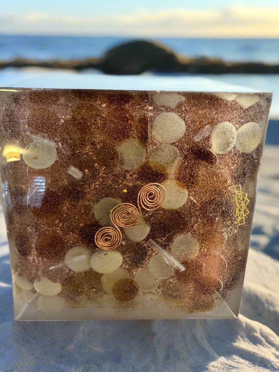 XL Golden Abundance Orgonite Pyramid with Seashells