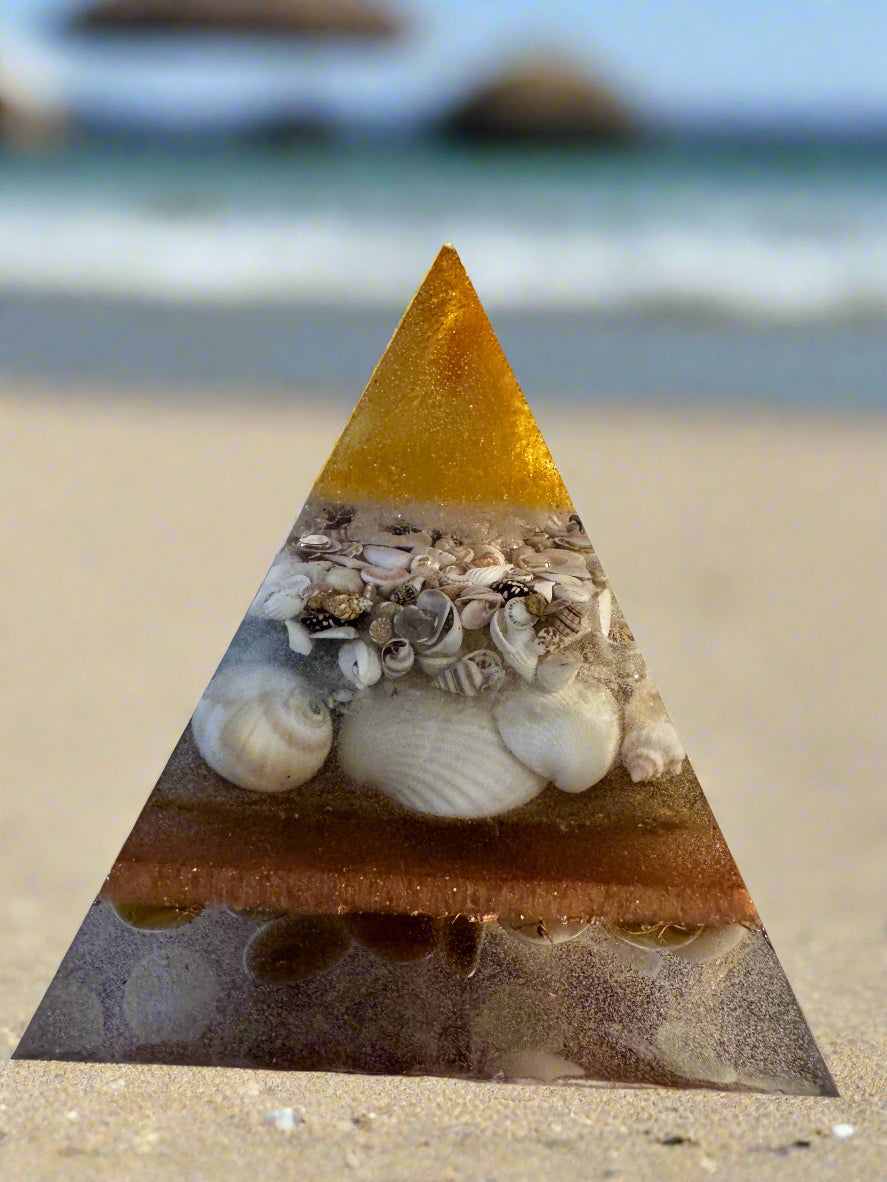 XL Golden Abundance Orgonite Pyramid with Seashells